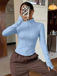 SHEIN EZwear Women's Zip-Up Long Sleeve Minimalist Light Blue Knitted Sun Protective Jacket In Fall/Winter - Baby Blue - View 4