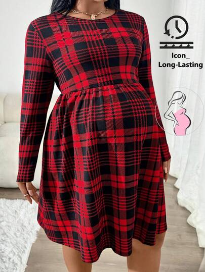 SHEIN Plus-Size Maternity Dress In Red And Black Plaid, Round Neck, Long Sleeves, Suitable For Winter Use; Also Suitable For Christmas. Long Sleeve Maternity Dress