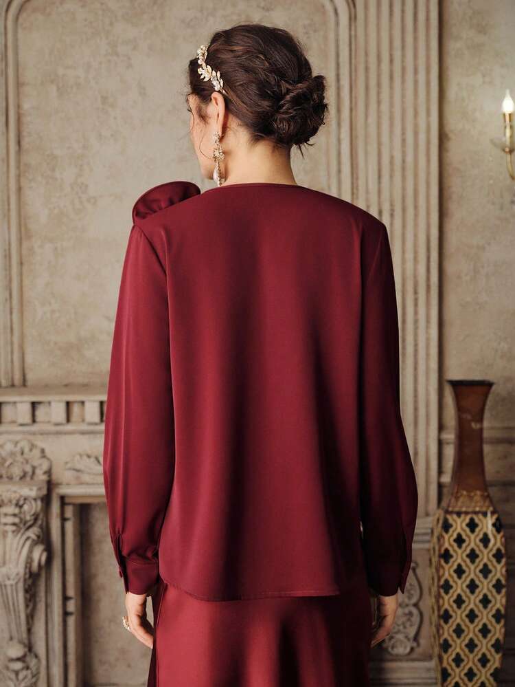 Women's Elegant Blouse With 3D Rose Flower Decor & Tie Front Design, Burgundy