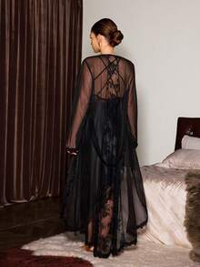 Slumberist Lace Trim Faux Silk Nightgown With Criss-Cross Back And Asymmetric Hem, And Floral Lace Trim Sheer Robe Sleepwear Set Sexy 2piece Nightgown Robe Lingerie Set Black Silk Robe Mesh Robe - Black - View 6