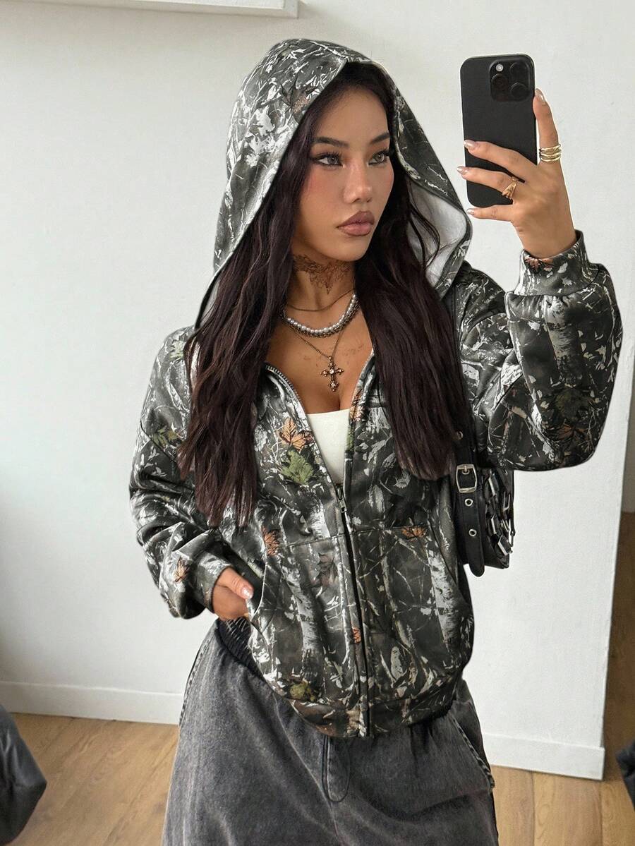 Coolane Women's Spring/Summer Couple Same Style/Couple Same Style/Basic/Going Out Knit Camo Thermal Lined Keep Warm Zip Up Army Green Baggy Long Sleeve Sweatshirt - Multicolor - View 1