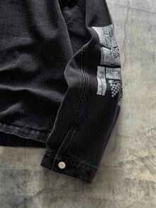 AXEPEAK Men's Washed Printed Jacket, Fashionable Lapel Casual Outerwear - Black - View 6