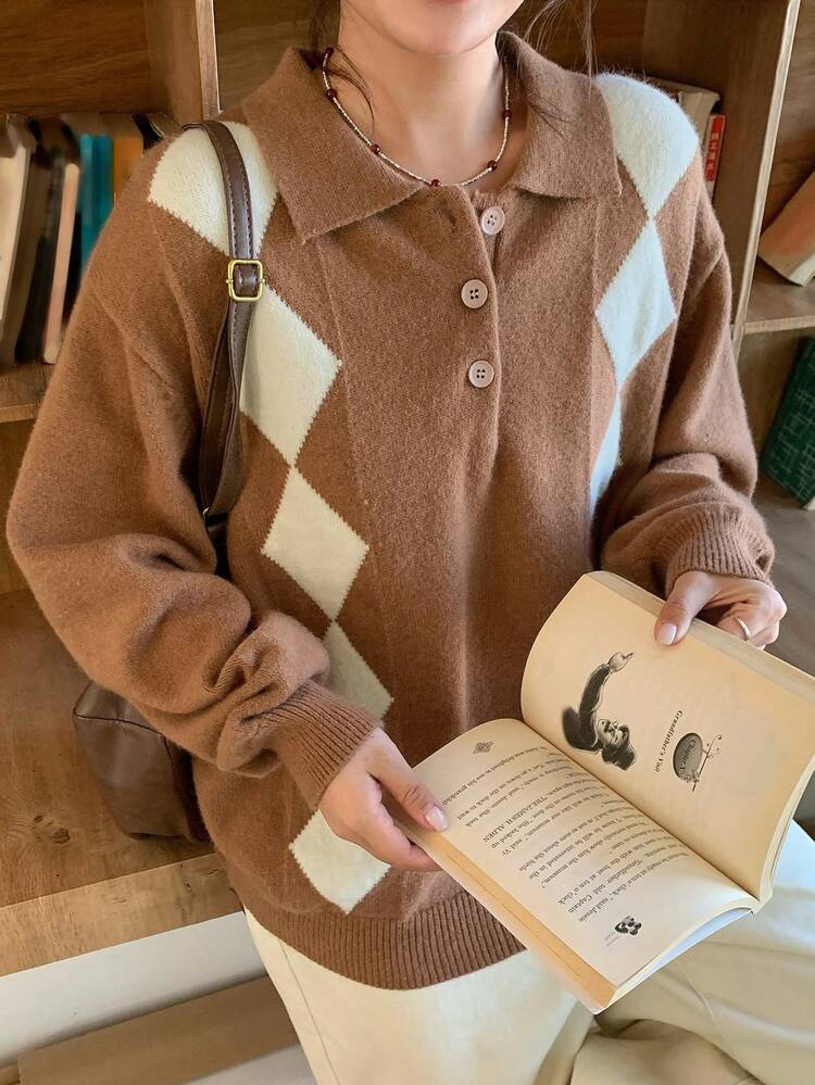 Dazy Plus Contrast Color Block Polo Collar Loose Diamond Plaid Casual Plus Size Pullover Sweater For Women, Autumn/Winter