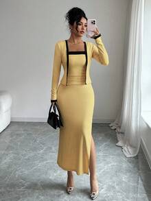 SHEIN Elenzya 两件套女士优雅撞色长袖开衫吊带裙套装，适合派对、家庭聚会、圣诞节、万圣节、情人节、新年、通勤和日常休闲穿着，秋冬季 - 淡黃色 - 查看 4