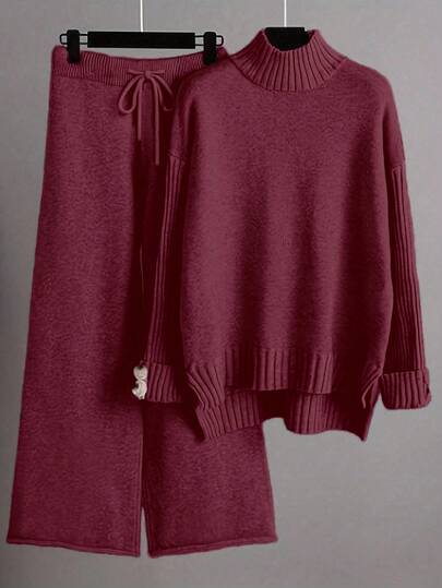 Franclia 2 Pieces Set: Solid Color Turtleneck Long Sleeve Top And Knotted Front Pants Sweater Fall Winter Cloth For Women
