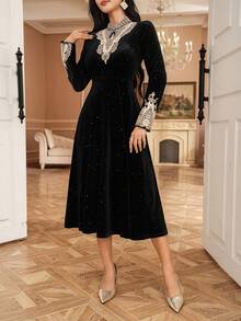 DAZY فستان طويل أنيق من الفلفت والترتر للنساء، ذو تأثير نحيف على الطراز الفرنسي الراقي، فستان حفلة خريف/شتاء - الأسود - مشاهدة 3