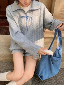 DAZY 2件套女士针织纹理蝴蝶结装饰上衣和短裤套装，韩版风格 - 灰色 - 查看 4