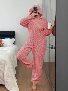 Dream Adore 大码女式泰迪熊刺绣提花舒适连帽连体睡衣 - 粉色 - 查看 7