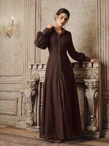 Anewsta Women's New Lace Elegant Long Sleeve A-Line Dress, European & Middle Eastern Street Style, Brown, Burgundy, Purple, Suitable For Valentine's Day - Coffee Brown - View 7