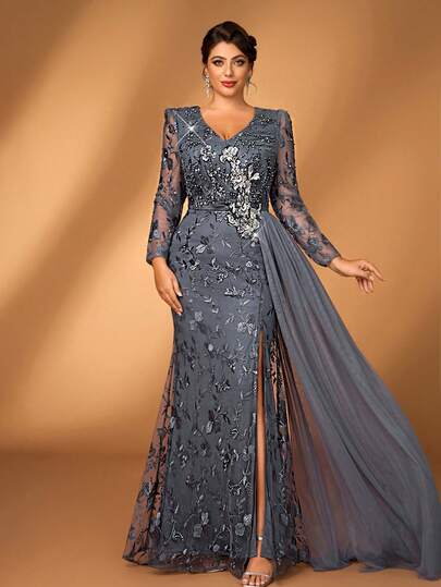 Serin 大码优雅浪漫深灰色V领长袖薄纱腰部贴花装饰奢华亮片网纱美人鱼裙摆连衣裙，适合婚礼、正式场合、新娘母亲、情人节等场合。