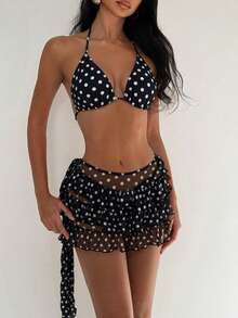 Bonvoyette Bộ bikini 3 mảnh hở lưng chấm bi gợi cảm cho nữ, kỳ nghỉ ở bãi biển - Đen và trắng - Xem 7