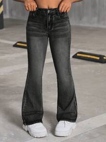 SHEIN 少女Y2K复古水洗高腰猫须喇叭牛仔裤，少女秋季返校街头风穿搭 - 黑色 - 查看 5