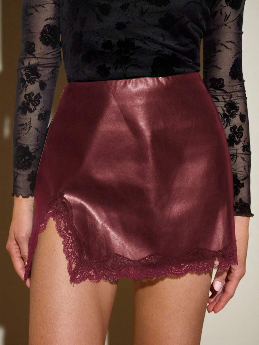 Lavishia Red Short Bodycon Skirt For Women Polyester Party Wear With Zipper Closure And Lace Details - Red - View 1