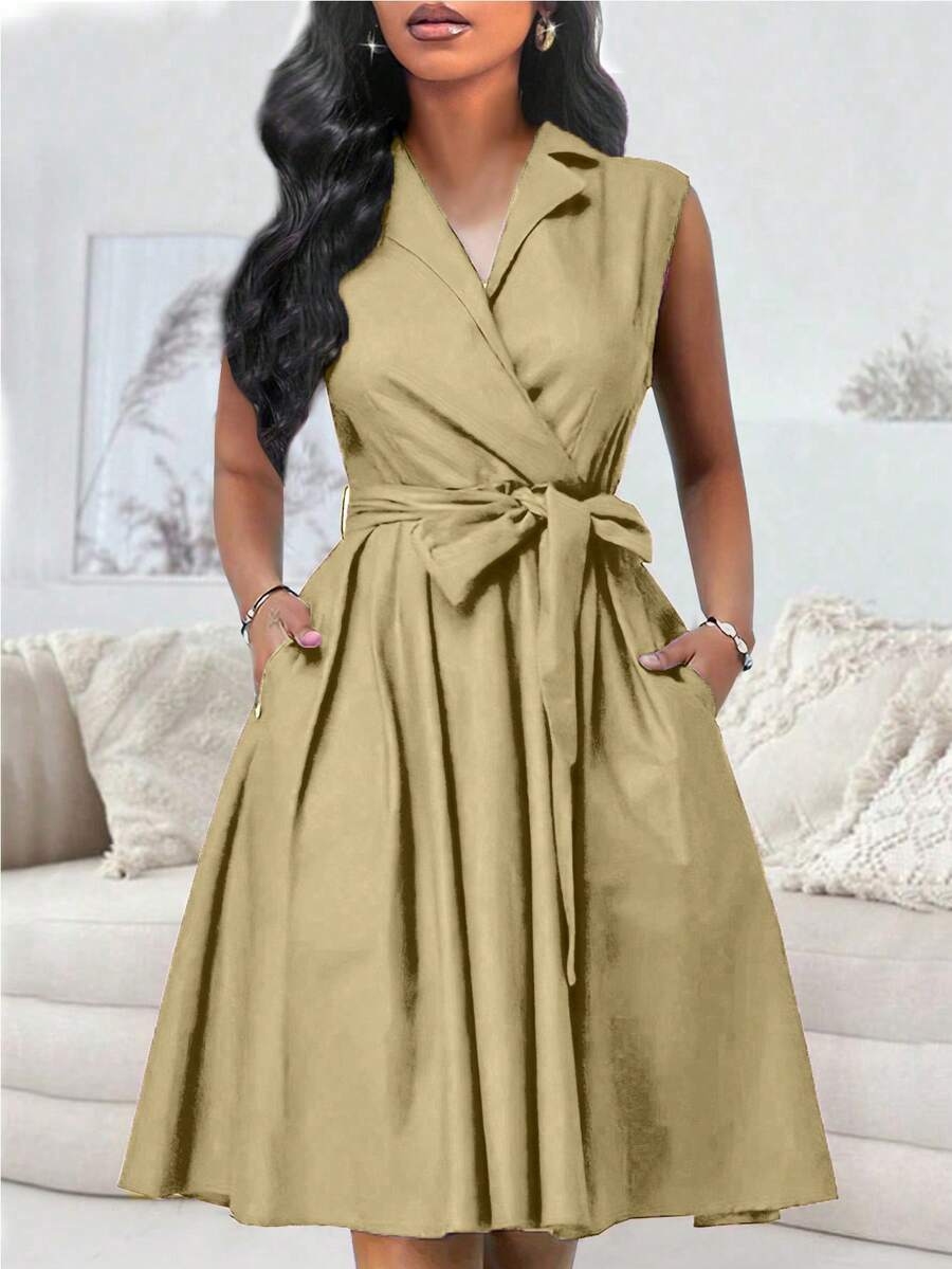 SHEIN Unity Đầm không tay cổ túi màu trơn dành cho nữ đi làm thường ngày - Màu Khaki - Xem 1