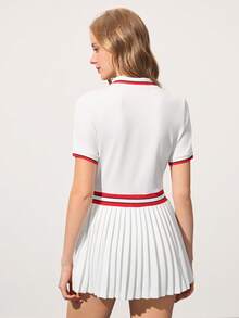 CourtClass Women's Contrast Color Polo Collar Short Sleeve Sports Dress Tennis Dress Short Sleeve Tennis Dress Pleated Tennis Dress Polo Dress Golf Tennis Dress - White - View 2