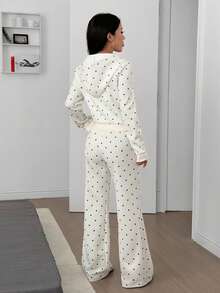 SHEIN EZwear 女士波点印花修身卫衣和喇叭裤套装 - 白色 - 查看 2