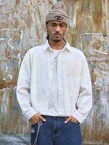 AXEPEAK Men's Solid Color Drop Shoulder Long Sleeve Button Front Casual Shirt, Summer - White - View 3