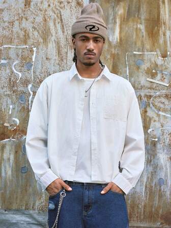 AXEPEAK 男士纯色落肩长袖纽扣休闲衬衫，夏季