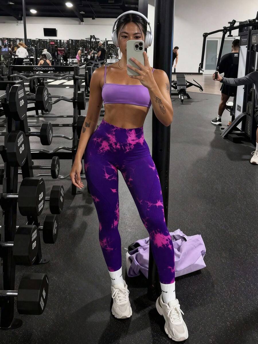 SHEIN Core Rhythm Tie-Dye High Waist Seamless Stretchy Sports Leggings Yoga Women Pants - Multicolor - View 1