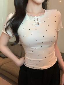 DAZY 女士休闲波点印花蝴蝶结短袖T恤 - 白色 - 查看 3