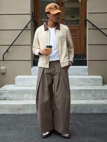 SWAVVY 男士褶裥条纹裤，带腰带环，宽松时尚 - 棕色 - 查看 7