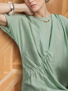 Aalyst Women's Solid Color Long Sleeve Loose Asymmetrical Summer Dress - Mint Green - View 5