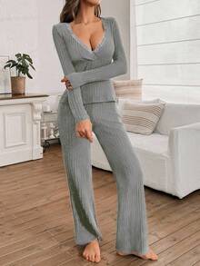 SHEIN Bộ đồ ngủ tay dài cổ ren màu trơn gợi cảm dành cho nữ, áo và quần dài, có gân, mềm mại và thoải mái, bộ đồ mặc nhà, quần áo mùa thu và mùa đông - Xám - Xem 5