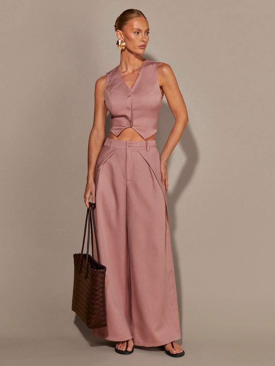 COSMINA 两件套女士V领上衣和优雅通勤套装，办公室着装，背心和裤子套装，日常穿着，设计套装，莲藕粉色套装 - 藕粉色 - 查看 1