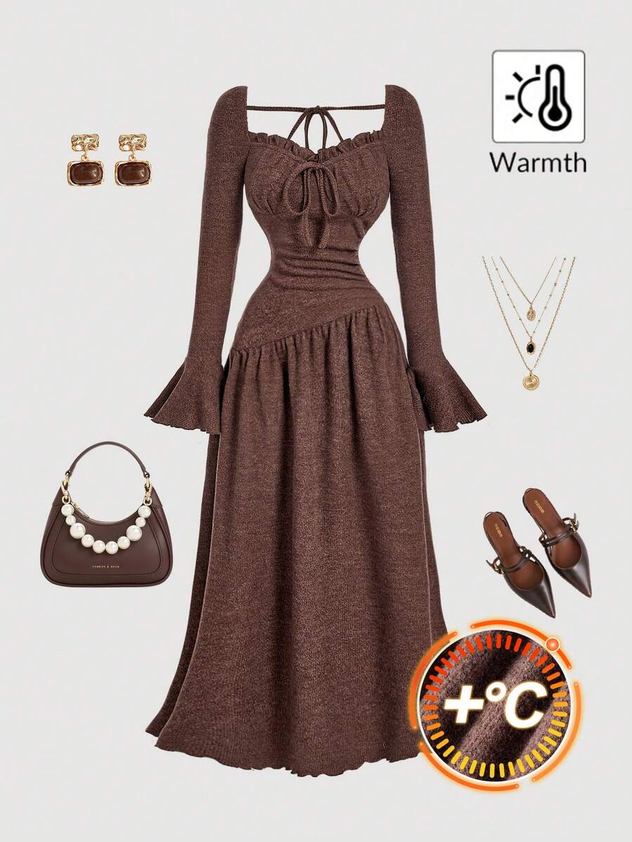 SHEIN MOD 女士荷叶边甜心领系带喇叭袖优雅连衣裙,秋冬季,女士秋季服装,感恩节连衣裙,新年连衣裙,派对连衣裙,女士优雅连衣裙,时尚秋季,圣诞节连衣裙,节日女士服装,棕色连衣裙,保暖 - 棕色 - 查看 1