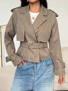 SHEIN PETITE 秋季 适度 旧钱 闪光 节日 聚会 感恩节 狂欢 节日 郊游 游泳 度假 波西米亚风 波西米亚风 海滩 热门 户外 层次丰富 婚礼 季节 宴会 成人礼 海滩 海边 短款褶皱 女式纯色长袖风衣 短款风衣 灰色夹克 女式风衣 腰带夹克 短款夹克 - 卡其色 - 查看 8