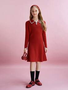 Tween Girls Colorblock Polo Collar Long Sleeve Sweater Dress - Red - View 4