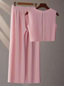 Franclia French High-Level Chic Three-Dimensional Beaded Sleeveless Tops Layered Wide-Leg Pants Trousers Summer Two Pieces Suits Ladies Summer Clothing Summer Two Pieces Suits Summer Clothes For University - Dusty Pink - View 2