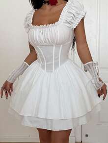 Coolane Winter Dresses For Women Y2K Goth Chic Rave Outfit Cotton Comfortable Vintage French Style Square Neck Waist Shaping Two-Tier Puff White Dress Puff Dress White Vintage Dress White Bubble Dress White Corset Dress Cute White Dress Milkmaid Dress White Western Dress - White - View 5