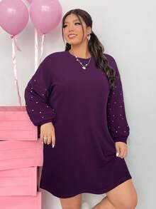SHEIN EZwear 女士加大码落肩宽松黑色连衣裙 - 紫色 - 查看 7