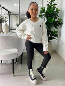 SHEIN Tween Girl Simple Solid V-Neck Long Sleeve Sweater, Casual Daily Wear, Autumn/Winter Long Sleeve Top, Collegiate V-Neck Long Sleeve Sweater, Embroidered Sweater Suitable For Everyday, School, Vacation, Party Occasions - White - View 6