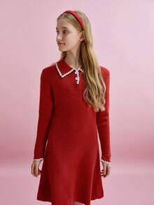 Tween Girls Colorblock Polo Collar Long Sleeve Sweater Dress - Red - View 7