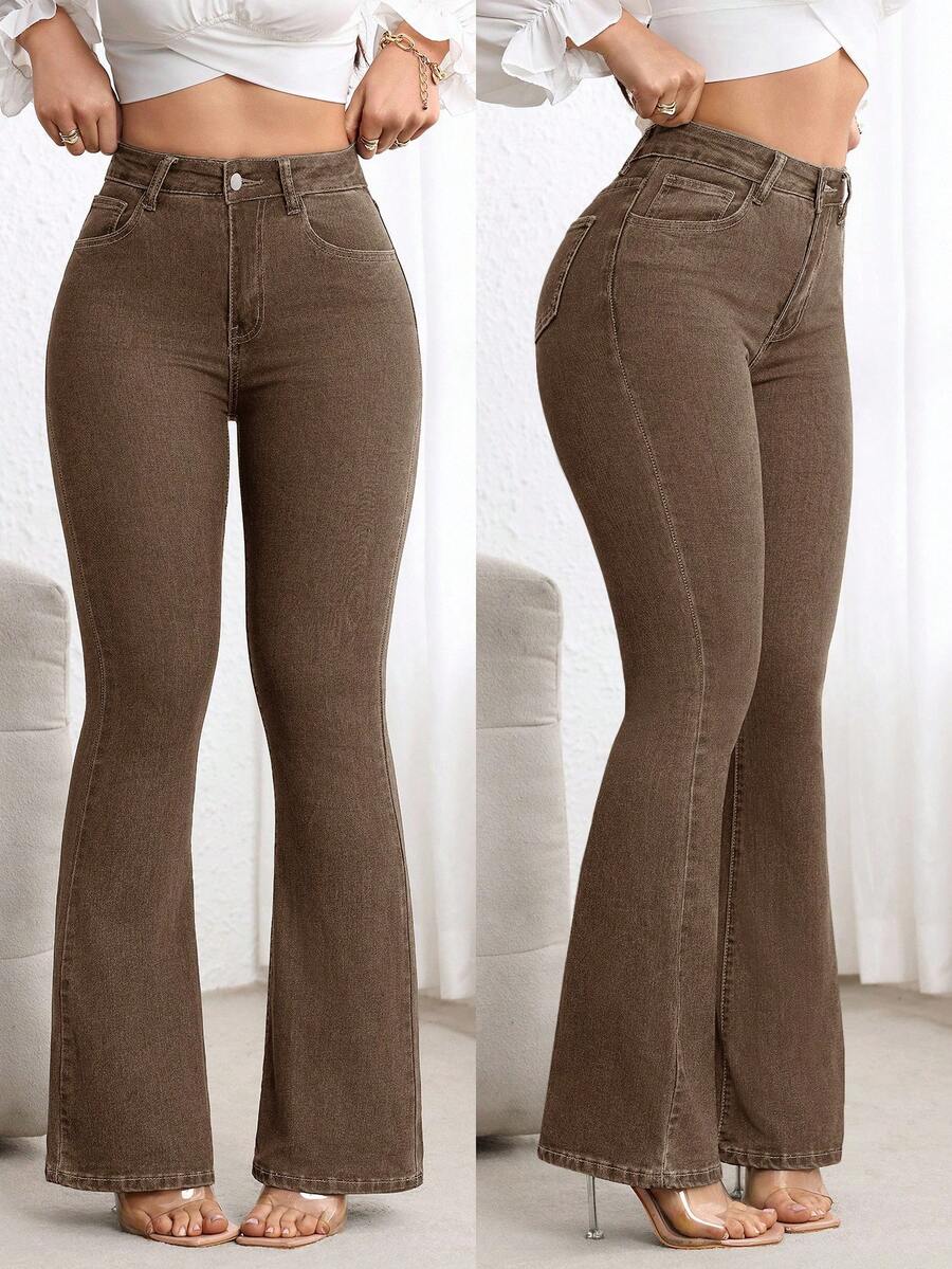 SHEIN PETITE Quần jeans ống loe cạp cao đơn giản, màu trơn, dễ phối đồ, phù hợp đi làm hàng ngày dành cho nữ - Màu Khaki - Xem 1