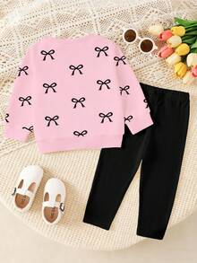 2pcs Baby Girl Set, Minimalist Cute Bow Print Crew Neck Long Sleeve Sweatshirt & Bow Print Leggings Pants Outfit, Suitable For Outings In Autumn/Winter - Multicolor - View 2