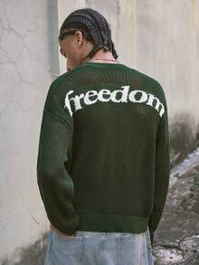 AXEPEAK 男士街头时尚“自由”图案圆领毛衣 - 軍綠色 - 查看 5