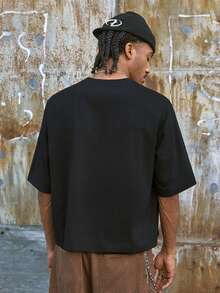 AXEPEAK 男士图案T恤，宽松版型，水钻眼睛设计，短袖上衣。 - 黑色 - 查看 6