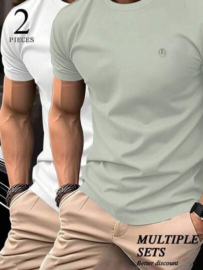 Manfinity Homme 2pcs/Set Men's Crew Neck Short Sleeve Casual Fitted T-Shirts
