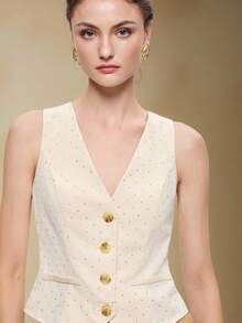 BizChic Women's White Rhinestone Single-Breasted Vest,Elegant Office Summer Outfit,Polka Dot Black And White Style,Modern Urban Commute Wedding Guest - Beige - View 6