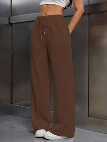EMERY ROSE 女式松紧腰抽绳保暖内衬宽松裤 - 鏽棕色 - 查看 3