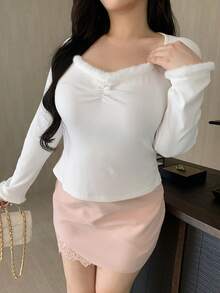 Dazy Plus Plus Size Women Solid Color Patchwork Fringe Elastic Fitted Sleepwear Top, White Pajamas - White - View 7