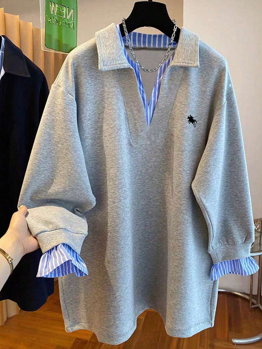 Resyla Áo nỉ dài tay rộng rãi họa tiết hiệp sĩ vá sọc cỡ lớn dành cho nữ - Xám - Xem 1