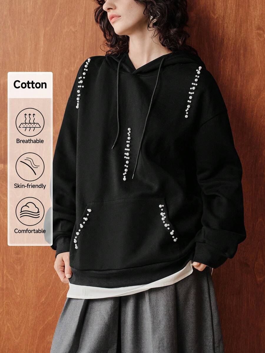 Uhlyne Uhlyne Women's Autumn Long Sleeve Hooded Black Knit Sweatshirt With Faux Pearl Decor, Elegant Versatile For Commuting, Back To School, Retro Casual Autumn - Black - View 1