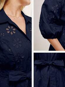 Momelise Plus Size Women Elegant Solid Color V-Neck Hollow Embroidery Lantern Sleeve Cardigan With Tie Waist Belt Long Dress - Navy Blue - View 4