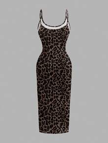 SHEIN EZwear 休闲简约豹纹修身吊带长裙，适合夏季穿着 - 彩色 - 查看 2