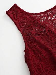 SHEIN Clasi Plus Size Women Summer Contrast Lace Round Neck Sleeveless Elegant Dress Burgundy Color Women Outfit - Burgundy - View 6