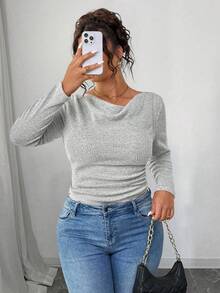 Elenzga Atasan Wanita Ukuran Plus Model Vintage dengan Leher Berlipat Asimetris dan Trim Ruffle Bertekstur, Lengan Panjang Pas Badan, Pakaian Musim Gugur untuk Wanita - Grey - View 4